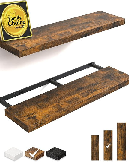 BAYKA Floating Shelves, 36 inches Long Wall Mounted Rustic Wood Shelves for Bathroom, Bedroom, Living Room, Kitchen, Office, Hanging Shelf for Books/Storage/Decor(Rustic Brown,Set of 2)
