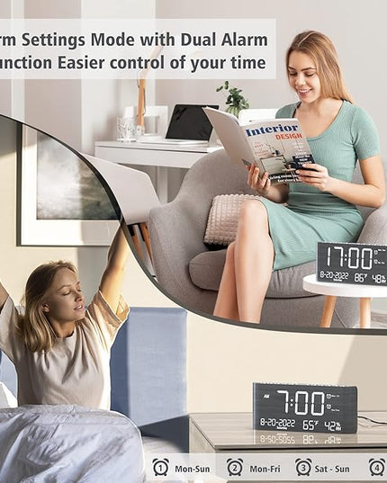Mesqool Digital Alarm Clock, with Calendar Temperature and Humidity, Loud Volume, Dual Alarm, USB and Type-C Charging Ports, Dimmer, 12/24H, Snooze, Stylish Wood Grain Pattern Digital Clock for Décor