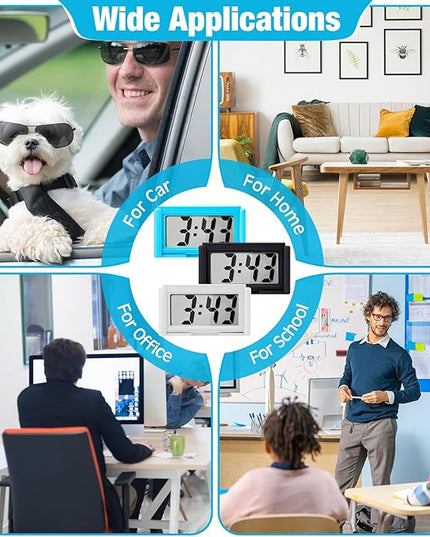 Frienda 3 Pieces Mini Digital Clock Small Digital Clock Stick on Battery Operated Self Adhesive Bracket for Car Dashboard Fridge (White,Black,Blue)