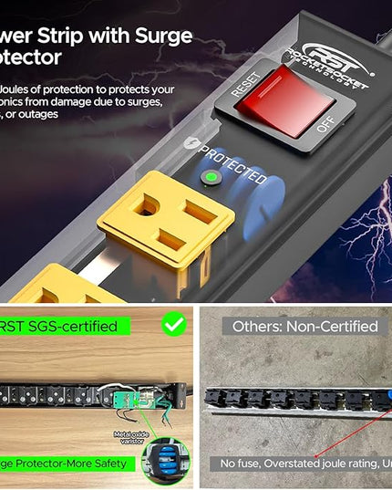 CRST 6 Outlet Surge Protector Power Strip 2100J with Switch, 15A/1875W Metal Heavy Duty Power Strip, Wide Spaced Wall Mount Power Bar for Garage Worshop Home School, 6 FT Cord（ Black+Yellow）