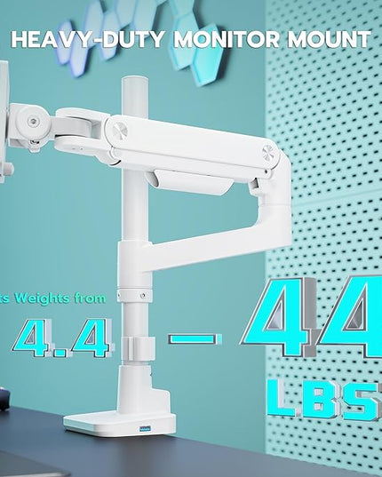 ARES WING Heavy Duty Monitor Arm with USB A/C, Tall Ultrawide Monitor Arm for 17 to 49 inch Screen, Holds 44 lbs, Adjustable Gas Spring Desk Mount, White