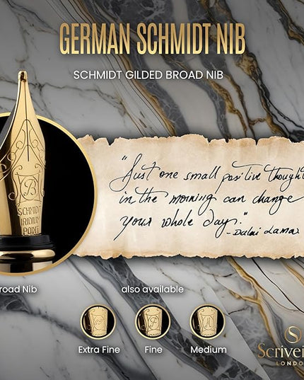 Scriveiner Silver Chrome Fountain Pen - Stunning Luxury Pen, Real Gold Finish, Schmidt Gilded Nib (Broad), Best Gift Set for Men & Women, Professional, Executive Office, Nice Designer Pens