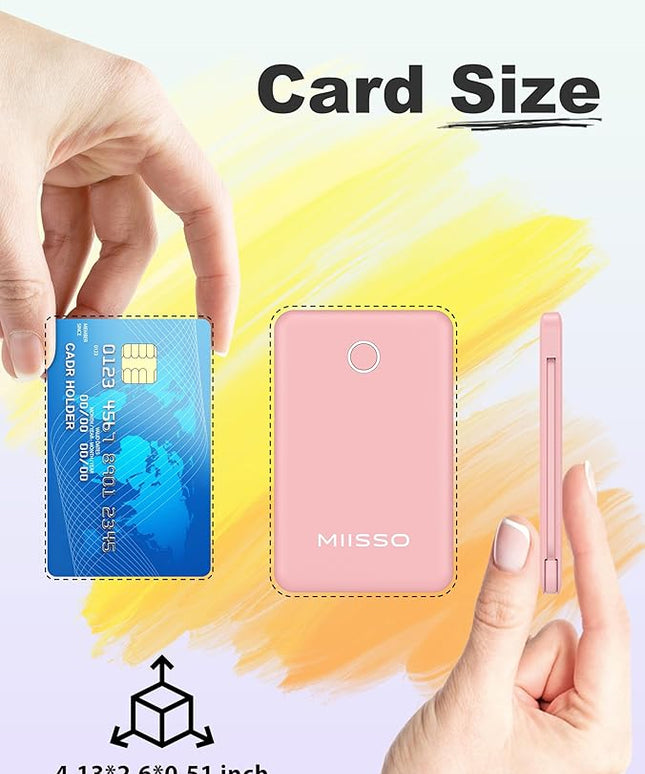 miisso 6000mah Ultra Slim Built in Cables Power Bank, Card Size Built in USB C Cords Battery Pack Portable Charger for Phones, 3 Output External Battery Pack Compatible with iPhone, Pink
