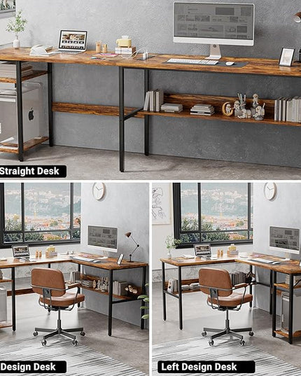 Unikito L Shaped Computer Desk with Magic Power Outlets and USB Charging Port, Sturdy Reversible Corner Desk with Storage Shelves, Modern Work Desk for Home Office, Easy to Assemble, Rustic Brown