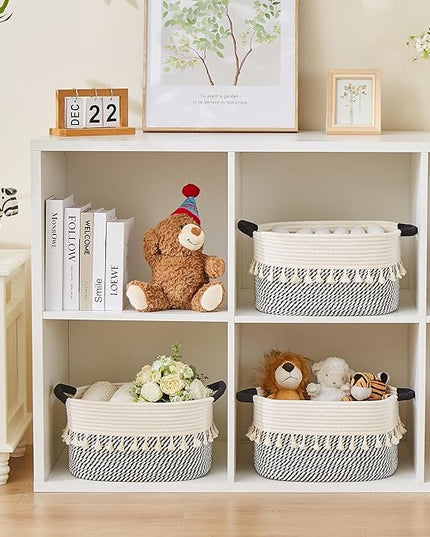 Storage Bins Woven Baskets for Storage Set of 3, Cotton Rope Basket with Handles for Toys/Shelves/Laundry, Rectangle Multi-Purpose Organizer for Living Room, Bedroom, Nursery (White/Black)