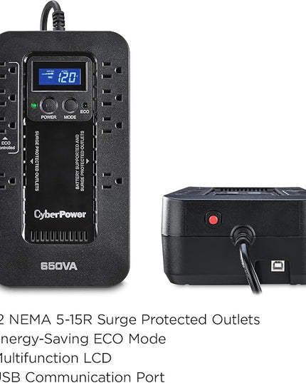 CyberPower EC650LCD Ecologic Battery Backup & Surge Protector UPS System, 650VA/390W, 8 Outlets, ECO Mode, Compact Uninterruptible Power Supply