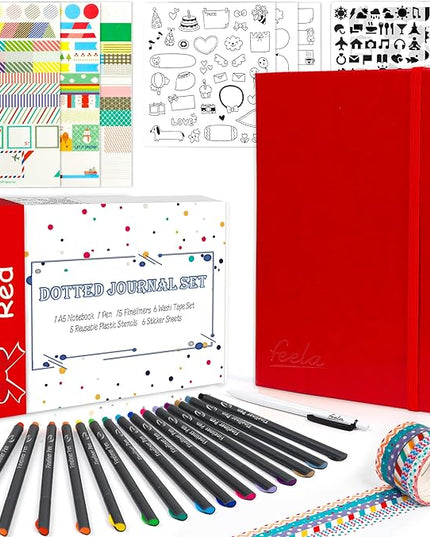 feela Dotted Journal Kit, Dot Grid Journal Hardcover Planner Notebook Set For Beginners Women Girls Note Taking with Journaling Supplies Stencils Stickers Pens Accessories, A5, 224 Pages, Red