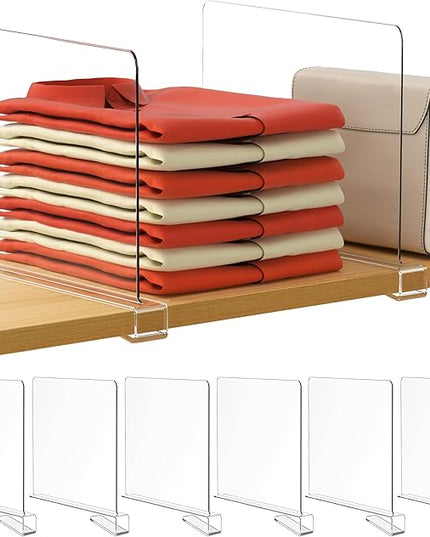 HBlife 12 Inches Tall [Extra Tall Version] Clear Shelf Dividers, 6 Pack Purse Organizer for Closet Perfect for Sweater, Shirts, Handbags, Acrylic Adjustable Bookshelf for Organization