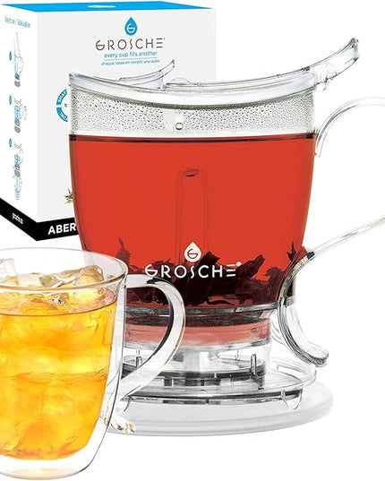 GROSCHE Aberdeen 34 oz tea pot and bottom dispensing tea steeper and Cyprus Large 16 oz double walled glass mug set