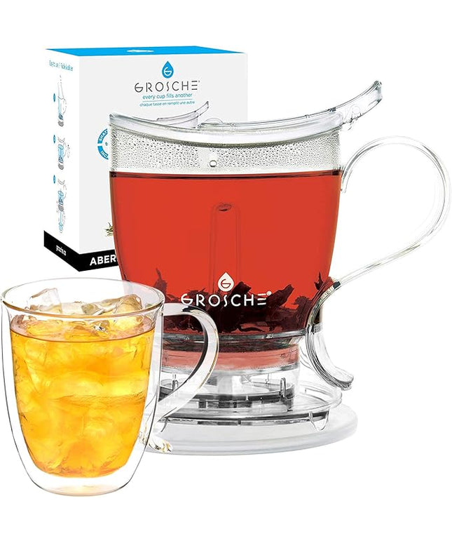 GROSCHE Aberdeen 34 oz tea pot and bottom dispensing tea steeper and Cyprus Large 16 oz double walled glass mug set