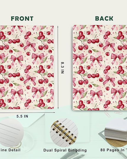 JKMBN Coquette Pink Bow Cherry Spiral Notebook for Women Girls, Vintage Journaling Notebooks, Cute Pink Notebook Journal, Pink Office Supplies, Hardcover Spiral Lined Notebook 5.5 x 8.3