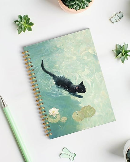 ROXMART Whimsical Funny Black Cat Spiral Notebook Journal, Cat Lover Mom Lady Owner Gifts, Cute Black Kitty Kitten in Water Lily Pond Hardcover Notebook Journal, 5.5x8.3 Inch