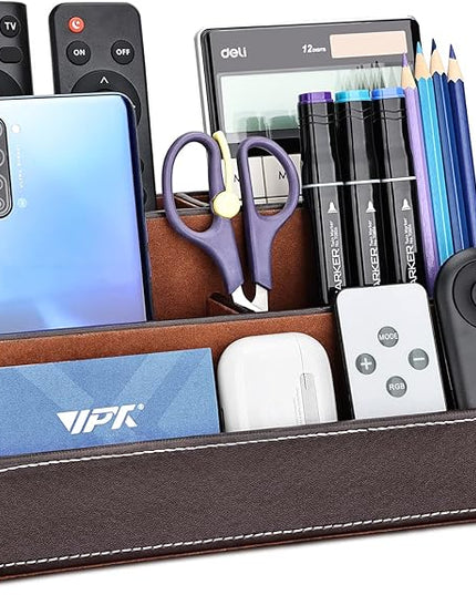 KINGFOM Pu Leather Desk Organizer with 5 Compartments Holder, Multi-Functional Office Supplies Storage Caddy for Pen/Pencil, Phones, Remote Controller and Desktop Accessorie Brown