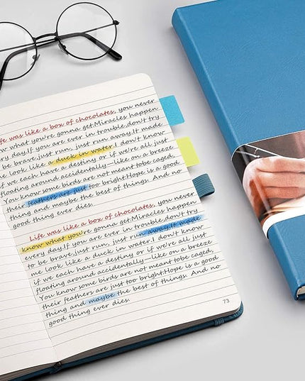 EMSHOI College Ruled Notebook Lined Journal - 120gsm Thick 256 Numbered Pages, A5 Hardcover Leather Writing Notebook for Work School Travel Women & Men - with Sticky Notes, 5.75"x8.38", LightBlue