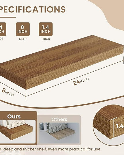 Dreamland 24 Inches Floating Shelves for Wall, 8" Deep Long Floating Shelves Set of 2, Large Display & Storage Shelf, Wall Shelf for Bathroom Bedroom Living Room Kitchen Office, Walnut