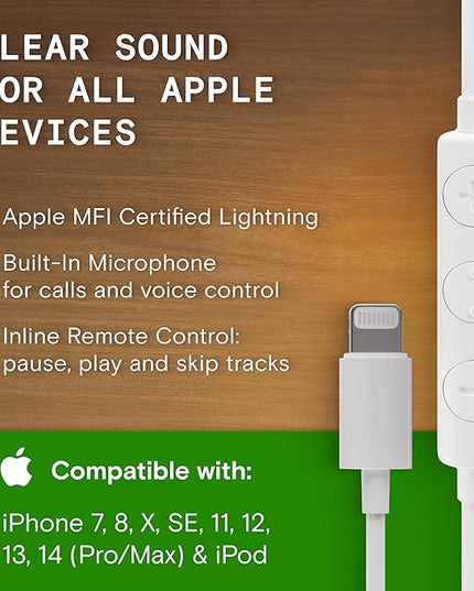 Symphonized iPhone Earphones Wired Deep Bass Sound, 3D Sound, Microphone Volume Control, 90% Noise Cancelling, Bubinga Wooden with Lightning (Apple MFI Certified), iPhone SE to 14 Earbuds (White)