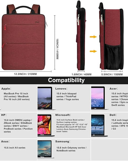 ZINZ Slim & Expandable Laptop Backpack 15 15.6 16 Inch Sleeve, Spill-Resistant Notebooks Bag Case for Most 14-16 Inch MacBooks Surface-Books Dell HP Lenovo Asus Computers,RD01BK01
