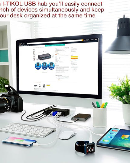 7 Port USB 3.0 Hub - Powered USB Hub –Multiple USB Splitter with Built-in 12V/3A/36W Power Adapter - Up to 5Gbps Sync & High-Speed Data Transfer - Mounting Brackets for Phone MB Laptop Tablet PC
