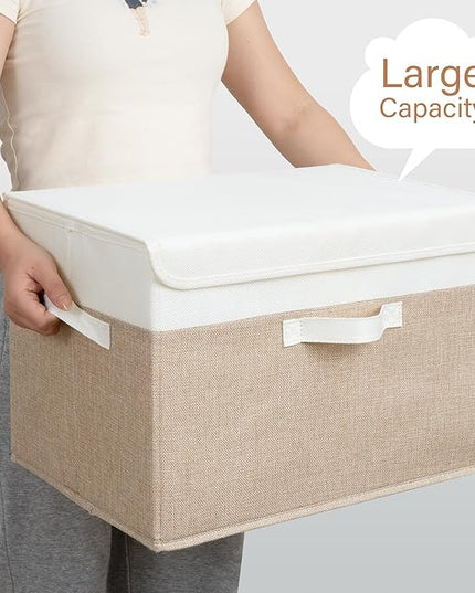 GRANNY SAYS Storage Boxes with Lids, Decorative Storage Bins, Shelf Baskets, Clothes Storage and Organization, White/Khaki, 2-Pack