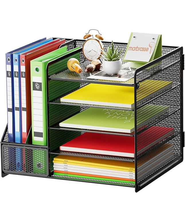 Marbrasse Desk Organizer with File Holder, 5-Tier Paper Letter Tray Organizer, Mesh Desk Organizers and Accessories with Magazine Holder, Desktop Storage for Office Supplies (Black)