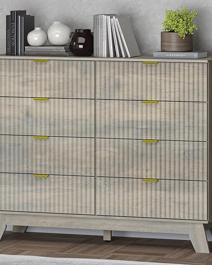 BORNOON Fluted 8 Drawer Tall Dresser, 47.2" Wide Modern Boho Chest of Drawers, Wooden Storage Dresser TV Stand for Bedroom, Living Room, Closet, Hallway, Curved Profile Design