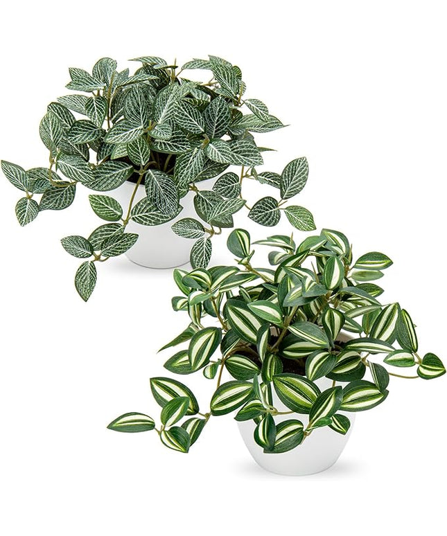 Hollyone Fake Plants 2 Packs Artificial Plants Indoor Faux Plants with White Plastic Pot Small Fake Potted Plant for Home Aesthetic Living Room Bathroom Desk Shelf Office Decor