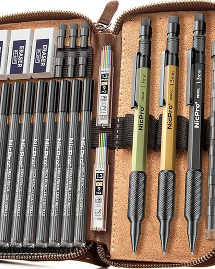 Nicpro 21PCS 1.3 mm Mechanical Pencil Set in Leather Bag with 138 Lead Refill Black & Colors, Erasers- Weatherproof Metal Heavy Duty Carpenter Pencil for Outdoor Drafting Marking Drawing Woodworking
