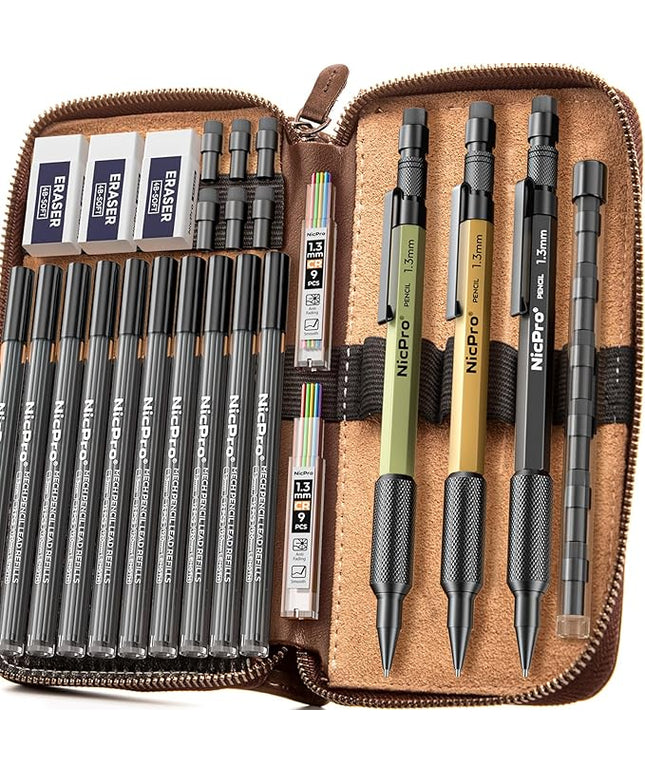 Nicpro 21PCS 1.3 mm Mechanical Pencil Set in Leather Bag with 138 Lead Refill Black & Colors, Erasers- Weatherproof Metal Heavy Duty Carpenter Pencil for Outdoor Drafting Marking Drawing Woodworking