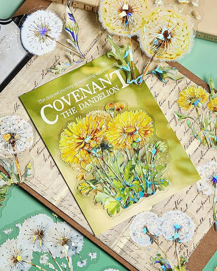 AuriicLeaf Dandelion Floral PET Stickers Set, 60PCS Holographic Botanical Flower Stickers for Scrapbooking, Journaling, DIY Crafts, and Art Supplies