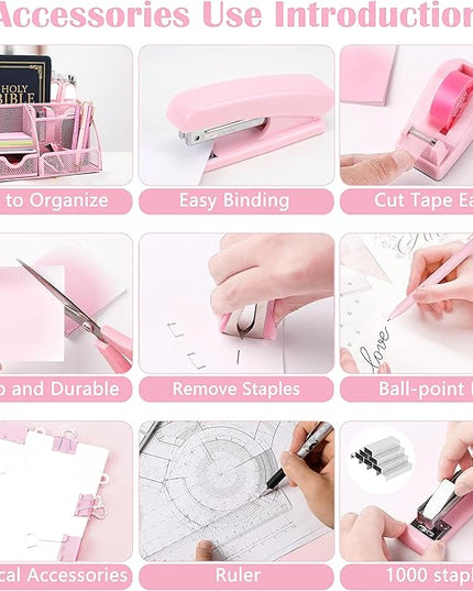 Pink Office Desk Accessories Supplies, 12pcs Desk Organizers and Accessories with Tape dispenser and Stapler,Staples,Staple Remover,Pen Holder,Scissor,Ruler,Sticky Tabs,Tape,Ballpoint Pen,Clips Set