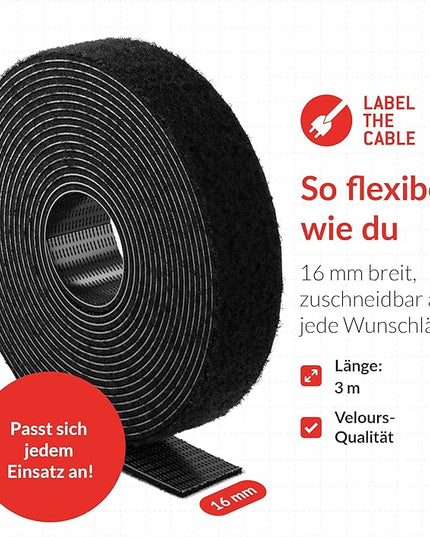 Label-the-cable Cable Management Ties Tape, Adjustable, Re-Useable/Cable Tidy/Hook and Loop Cord Organizer, Wire Management/LTC ROLL, 1 PCS, 3m x 16mm, Black, LTC 1210