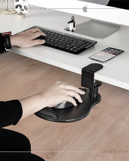 EHO Clamp-On Mouse Platform with Gel Wrist Rest, 360° Rotating Under Desk Mouse Tray with Slide-in Storage, Ergonomic Space-Saving Armrest for Left or Right-Hand Use, TAA-Compliant
