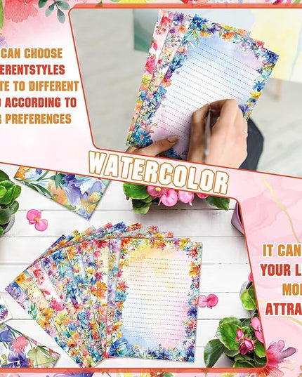 TaoBary 160 Pcs Stationery Paper Set 50 Double Sided Stationery Papers with 50 Matching Envelopes and 60 Round Dot Sticker, 10 Design(Bright Floral,5.5 x 8.25 Inch)