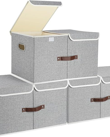 TYEERS Extra Large Collapsible Storage Bins with Lids and Compartments, Organizing Bins for Closet Storage, Clothes Storage, Cube Organizer for Home Office Storage - 3 Pack - Gray