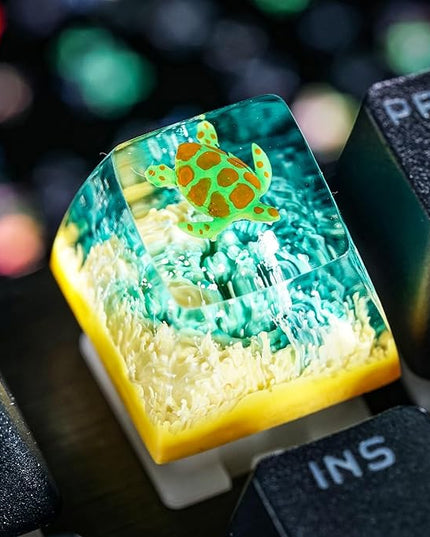 Sea Turtle Artisan Keycap Light Yellow Green Coral R1 SA Profile Custom Sea Creatures Keycaps 1U ESC Handmade Gaming Resin Key Cap Cherry MX Switch Compatible Mechanical Keyboard Turtle Lover Gift
