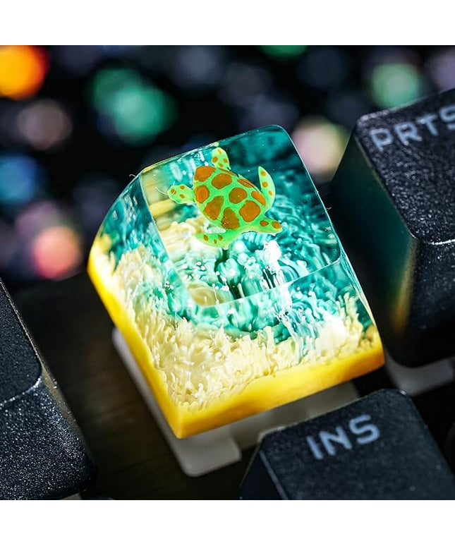 Sea Turtle Artisan Keycap Light Yellow Green Coral R1 SA Profile Custom Sea Creatures Keycaps 1U ESC Handmade Gaming Resin Key Cap Cherry MX Switch Compatible Mechanical Keyboard Turtle Lover Gift