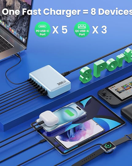 USB C Charger 300W USB C Charger Block, 8-Ports GaN IV Fast Charging Station Hub,PD 100W Laptop Charger Adapter,for MacBook Pro/Air/iPad/iPhone16/15/14/Apple Watch/DELL/Samsung for Home Office