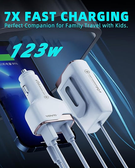 6-Port USB-C Car Charger, 123W Fast, PD 45W Compatible with iPhone16/Galaxy/Samsung S24, Cigarette Lighter Adapter with 5.7FT Cable for Rear Seat Charging (White)