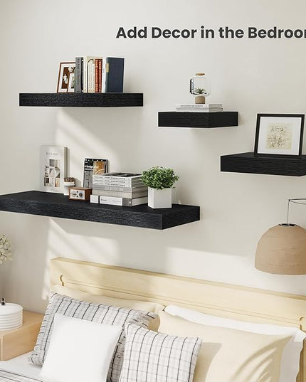 Heimlove 12 Inch Deep Floating Shelves, 16 x 12 inches Long Wall Shelf, Large Extra Display Shelf & Storage Shelf, Rustic Wood Wall Shelves for Fireplace Mantel, Black - 2Pack