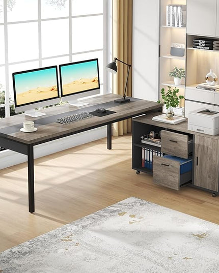 Tribesigns 70.8" Large Executive Office Desk and 47" Lateral File Cabinet Combo, L-Shaped Computer Desk Business Furniture with Drawers and Shelves, Home Office Workstation, Grey & Black