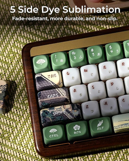 OHY XVX MOA Profile Keycaps Set, Japanese Mount Fuji Theme, 129 - Key White & Green Custom Keycaps with PBT + Frosted Translucent PC Material for US Layout Mechanical Keyboards