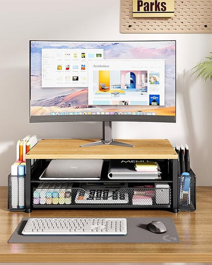 OPNICE Desk Organizers and Accessories, 2-Tier Computer Monitor Stand with Drawer and 2 Pen Holders, Laptop Stand, Office Desk Accessories for Office Supplies, Oak