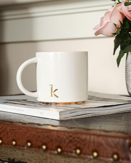 COLLECTIVE HOME - Monogram Ceramic Mugs, 15 oz Golden Initial Coffee Cups, Elegant Alphabet Tea Mugs, Elegant Personalized Mug with Gift Box, Luxurious Cups for Office and Home (k)