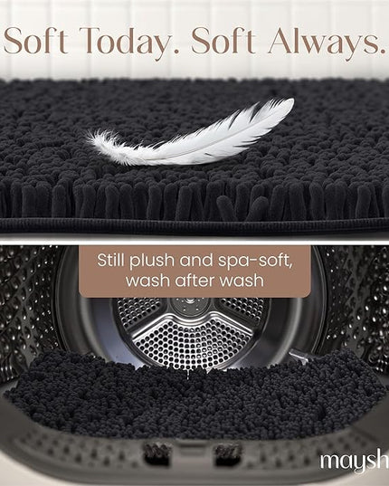 MAYSHINE Plush Shaggy Chenille Bath Mat | Extra Soft, Super Absorbent, Non-Slip Bathroom Rug | Fluffy Microfiber, Area Rug Sets for Bathroom Floor, Kitchen, Living Room | 23"x14" | Black