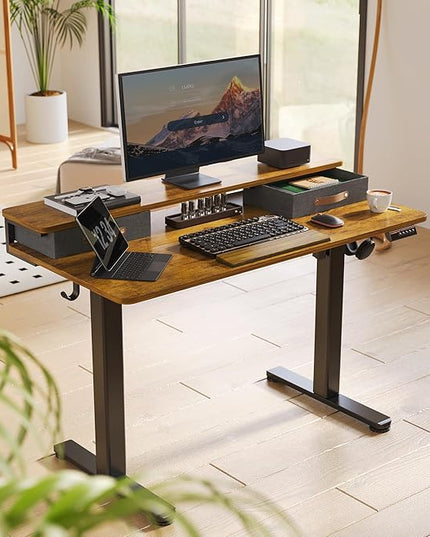 Seang Electric Standing Desk with 2 Drawers, Adjustable Standing Desk with Storage Shelf, Height Adjustable Stand up Desk for Home Office with 3 Presets & 2 Hooks, 55 Inch, Rustic Brown