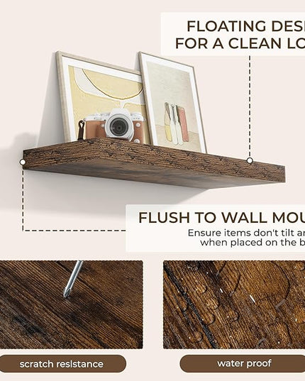 RICHFOCUS 31.5Inch Floating Shelves for Wall 2 Pack Shelves for Bedroom|Kitchen|Bathroom Wall Mounted Rustic Wood Floating Shelf with Invisible Brackets for Books|Storage|Decor, Rustic Brown