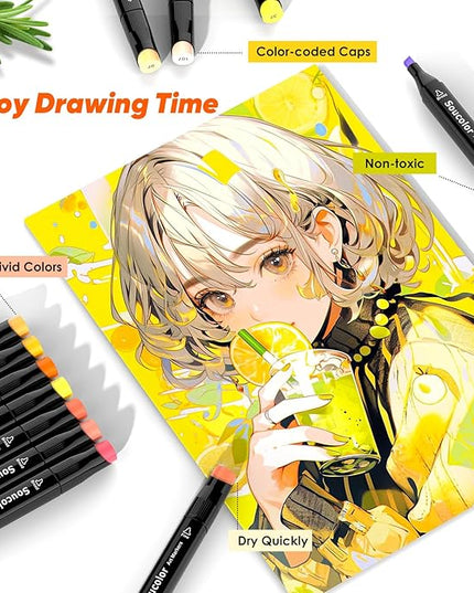 Soucolor Alcohol Markers Art Set, Aesthetic Cute Supplies, Art Kits Gifts,101 Dual Tip Sketching Coloring Drawing Markers for Adult Coloring Books