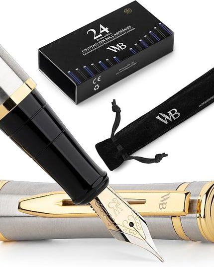 Wordsworth & Black Fountain Pen Set, 18K Gilded Medium Nib, Includes 24 Pack Ink Cartridges, Ink Refill Converter & Gift Pouch, Gold Finish, Calligraphy, [Silver Gold], Perfect for Men & Women