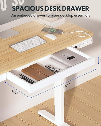 FLEXISPOT Comhar Electric Standing Desk with Drawer Desktop & Adjustable Frame w/USB Charge Ports (Bamboo-Look Laminate/White, Wood)