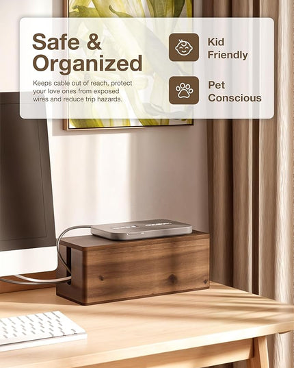 Acacia Wood Large Cable Management Box Round Edge - 16" L Wooden Power Strip Box, Surge Protector Box - Cable Hider Box for Office, Living Room - 2 Open Slots, Magnetic Lid (Walnut Color)